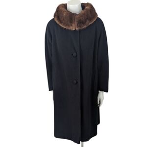 Vintage 60s Fur Collar Cashmere Coat Jacket Womens Medium Black Mink Brown